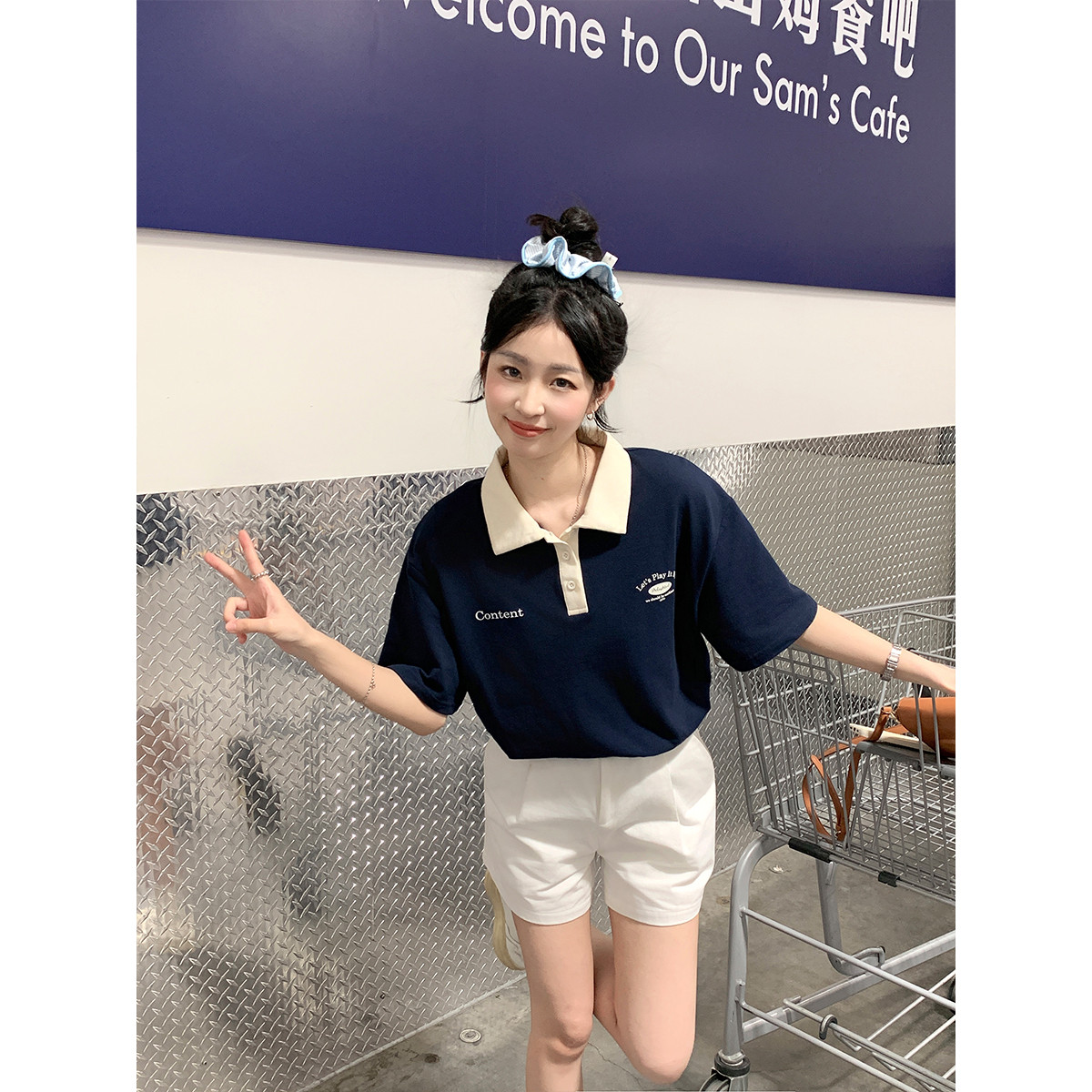 2024夏季女左胸图案短袖polo衫学院风T恤减龄休闲百搭_53880 M 藏青