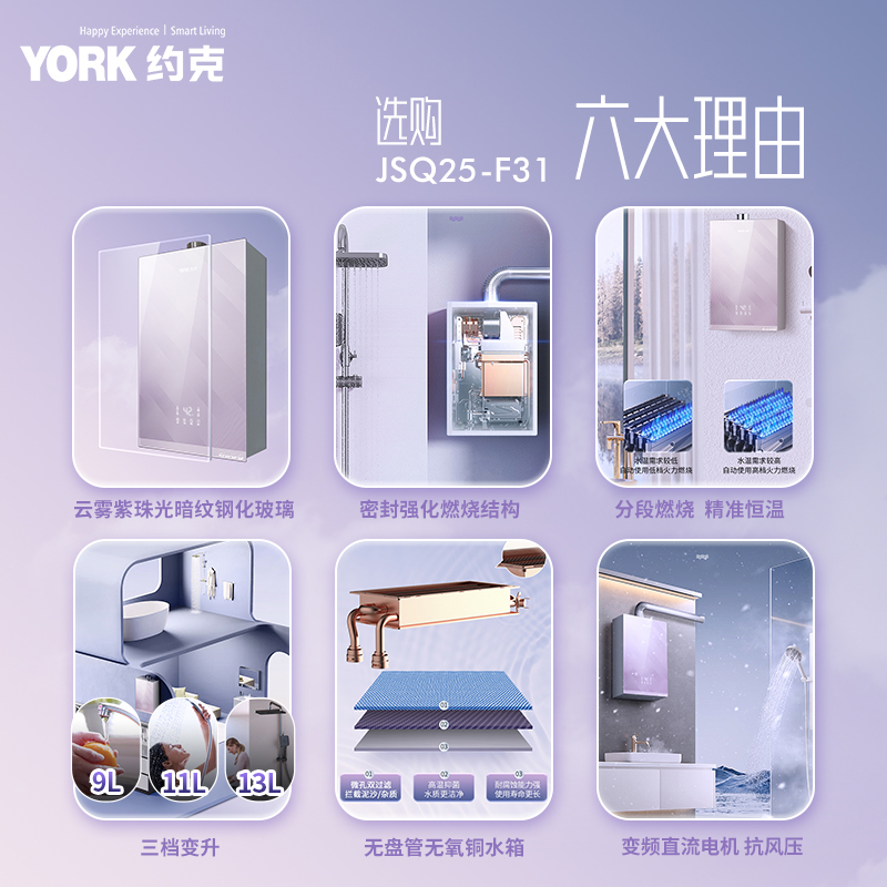 约克(YORK)燃气热水器13升家用强排恒温变频智控节能省气JSQ25-F31高清大图