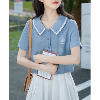 2024年夏季女翻领花边短袖衬衫女气质短袖仙女上衣甜美小衫_81 统一颜色 s
