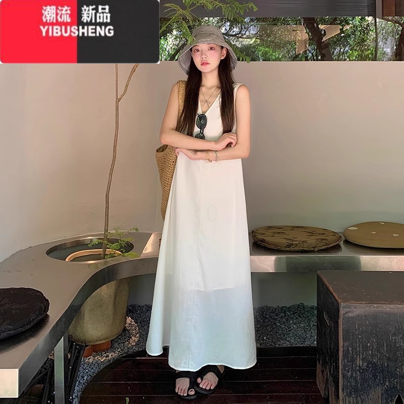 YIBUSHENG无袖v领白色连衣裙子女季2024年新款海边度假大方得体背心长裙