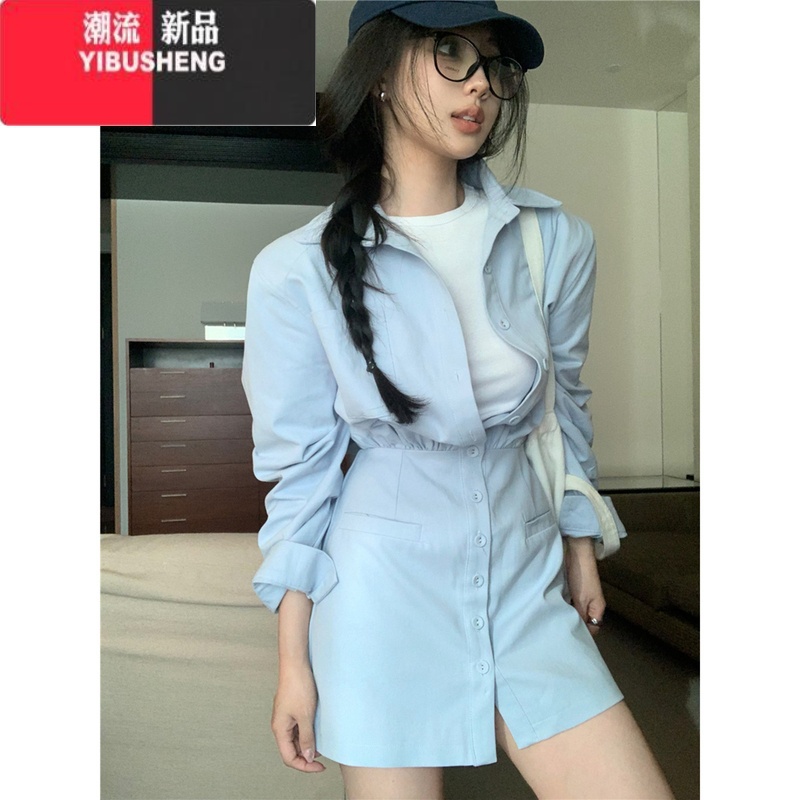 YIBUSHENG韩系蓝色polo领衬衫连衣裙女装气质收腰显瘦包臀裙小个子短女高清大图
