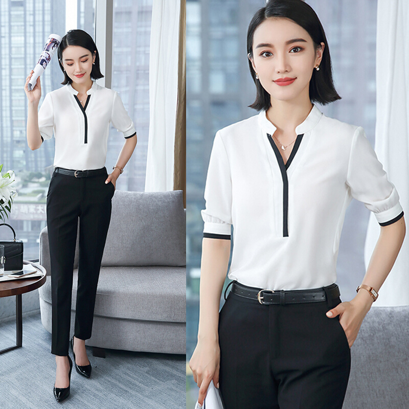 职业白色衬衫女夏短袖2018新款V领气质雪纺衫韩范上衣衬衣工作服