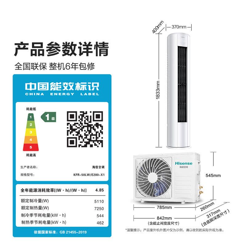 海信大2匹 易省电 速冷热 AI省电 大风量自然风防直吹 远距离送风大客厅新一级空调柜机KFR-50LW/E280-X1图片