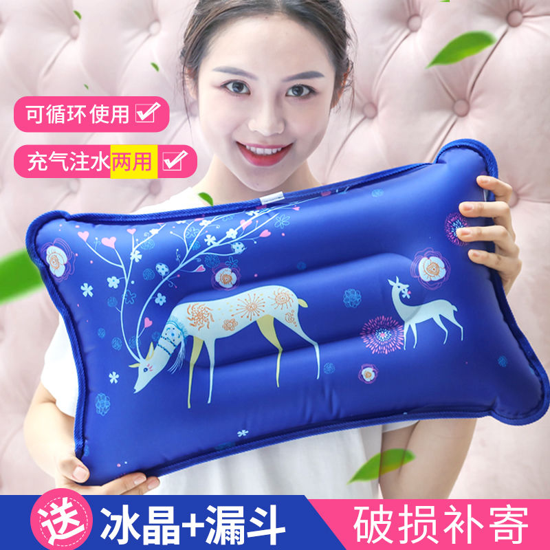 降温枕头冰晶枕竹席冰丝凉席单人成人冰枕头凉用夏季凉爽儿童凉枕夏天 两用冰晶枕：宝蓝小鹿 46*30cm+冰晶+漏斗（儿童款）
