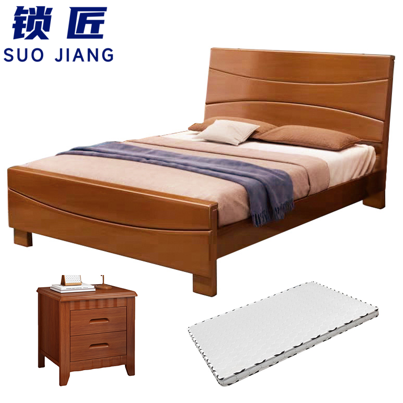 锁匠 实木床120cm+床垫+床头柜套高清大图