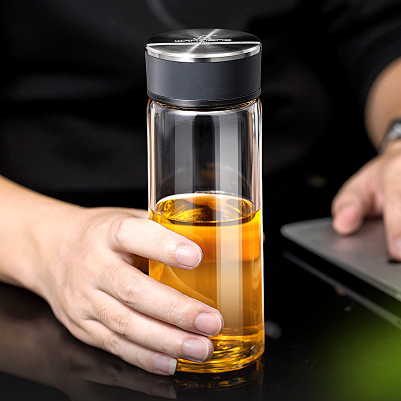 万象玻璃杯单层带盖商务办公室茶杯透明水杯便携茶杯