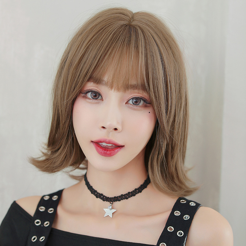 假发女短发韩式发尾外翻短卷发自然全头套蓬松层次锁骨发巧克力色