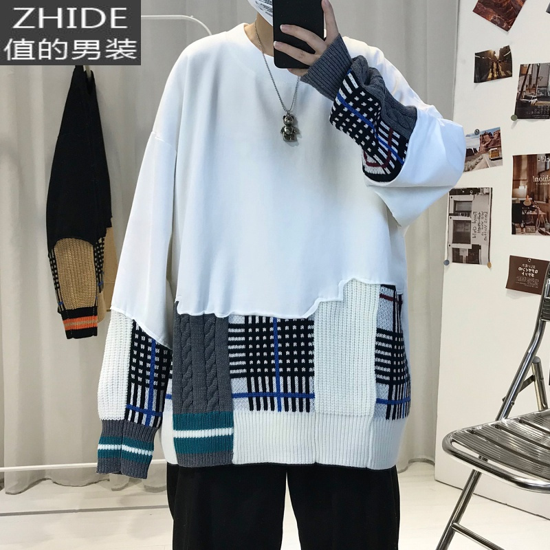 SUNTEK春季港风个性男士卫衣宽松圆领套头潮流拼接痞帅韩版休闲男生外套卫衣