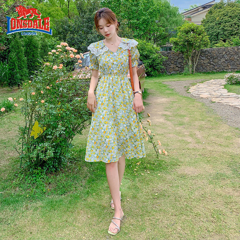 龙狮戴尔夏季绿色小清新碎花雪纺连衣裙女娃娃领气质收腰显瘦裙子参数