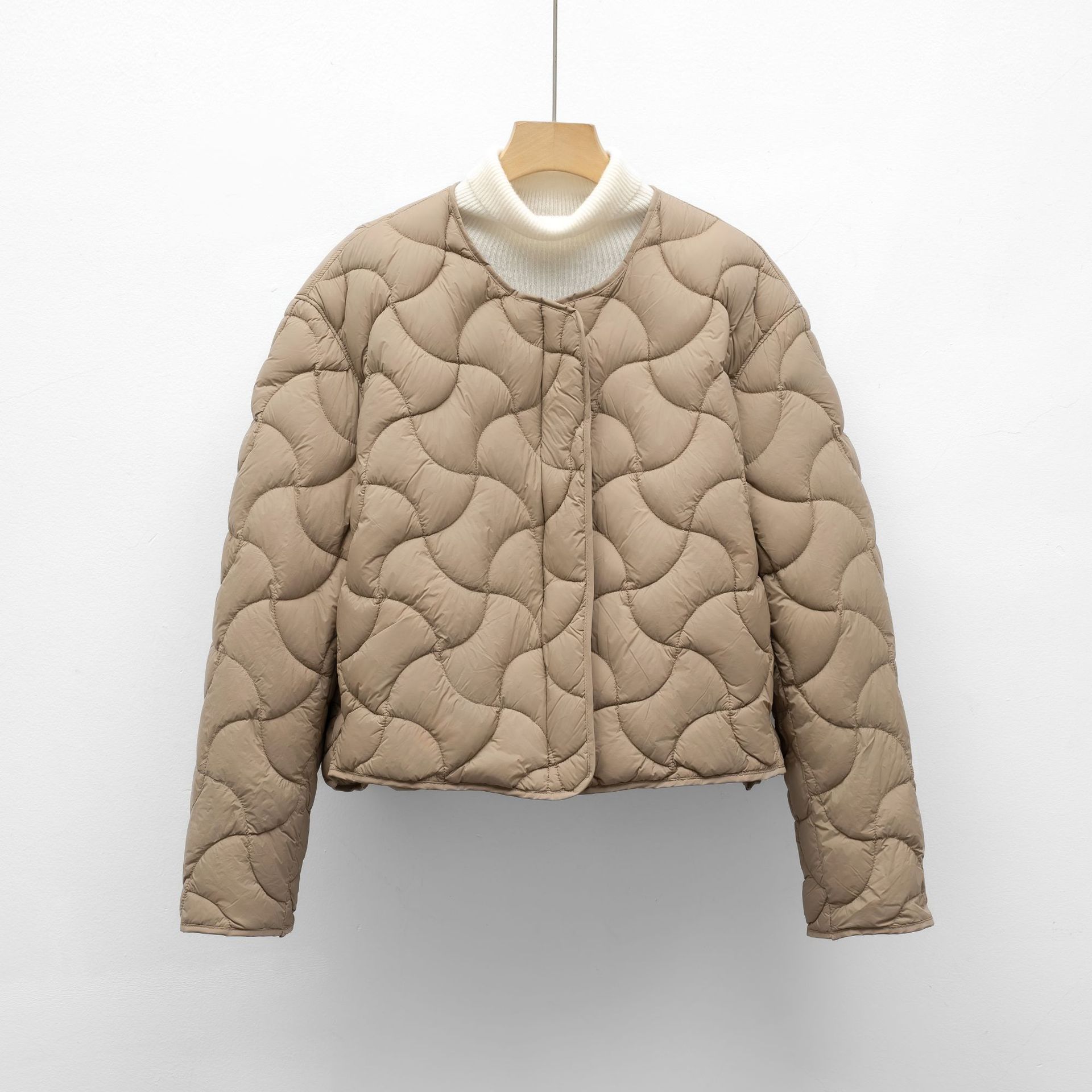 秋冬新国标90绒新品宽松极简风轻薄圆领羽绒服短外套 卡其色 S