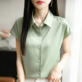 夏季新款POLO领衬衫女丝滑缎面纯色飞袖衬衣气质叠穿开衫上衣 3XL 果绿色