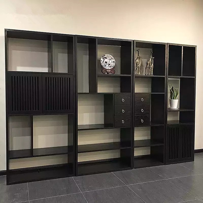 新中式现代简约禅意书柜组合实木书架落地博古架置物架展示柜定制