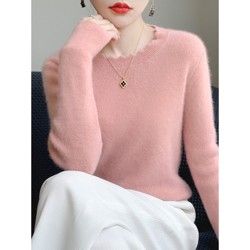安迪绒木耳边圆领套头打底衫女士秋冬洋气纯色针织衫宽松显瘦毛衣