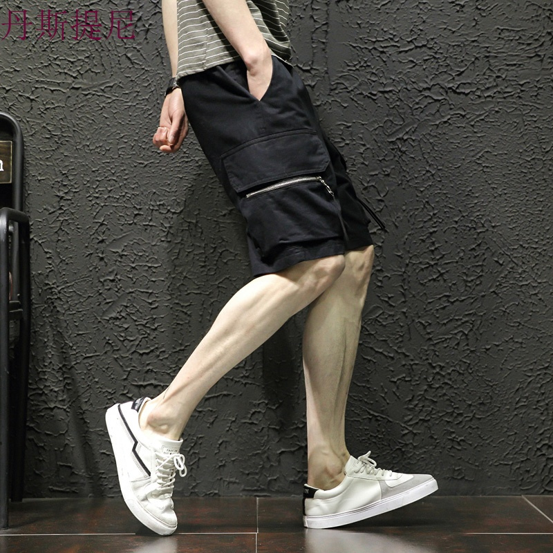 夏季新款日系宽松大码男士松紧工装裤拉链青少年百搭工装裤休闲裤