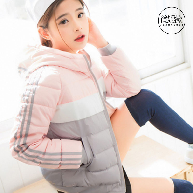简妮薇(JIANNIWEI)反季短款羽绒服女2019冬季新款韩版宽松休闲运动外套拼色学生加厚棉服小棉袄外套女