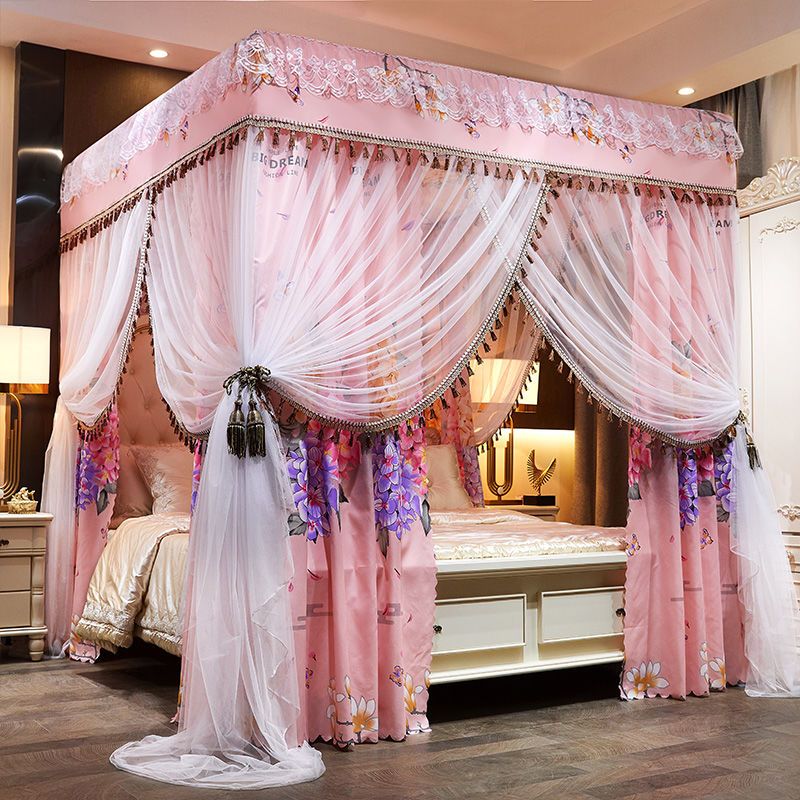 蚊帐家用床帘一体式遮光欧式带支架加密加厚宫廷落地床幔防尘顶布