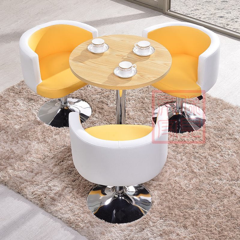 洽谈接待桌椅组合奶茶店咖啡厅办公室会客桌钢化玻璃茶几小圆桌椅 荧光黄_1+3黄白_原木色