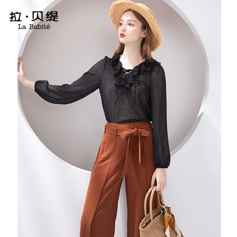拉夏贝尔波点雪纺衬衫女装2020夏季新款很仙的上衣洋气显瘦衬衣