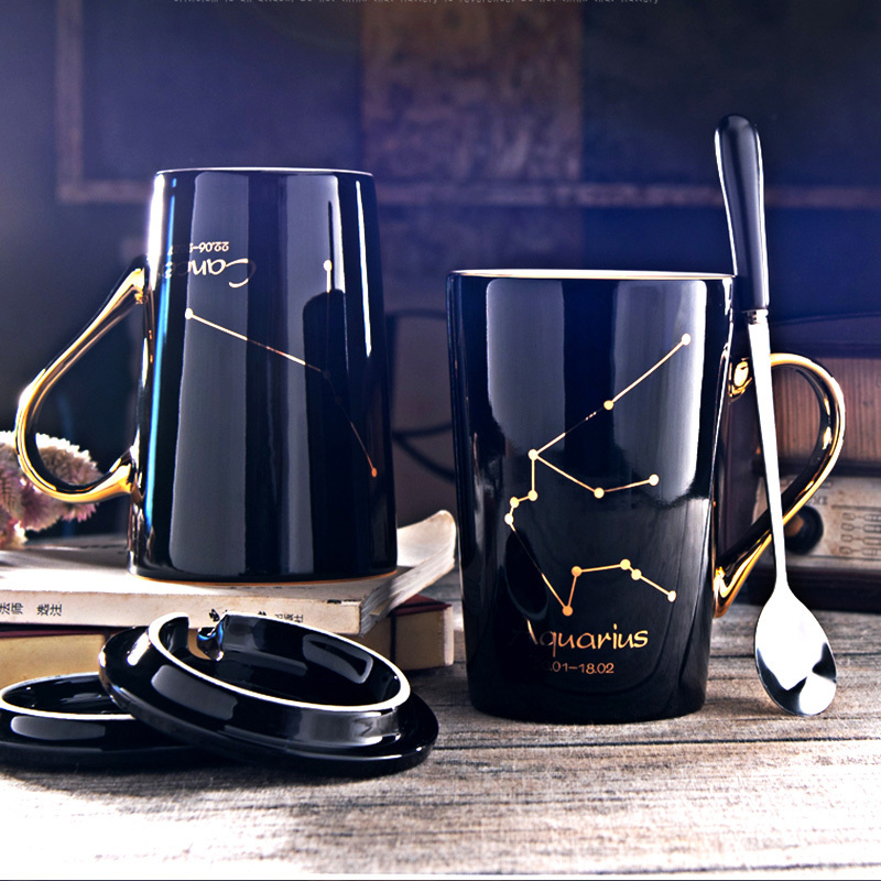 创意星座杯子陶瓷情侣水杯简约马克杯带盖勺个性咖啡杯可一对茶杯
