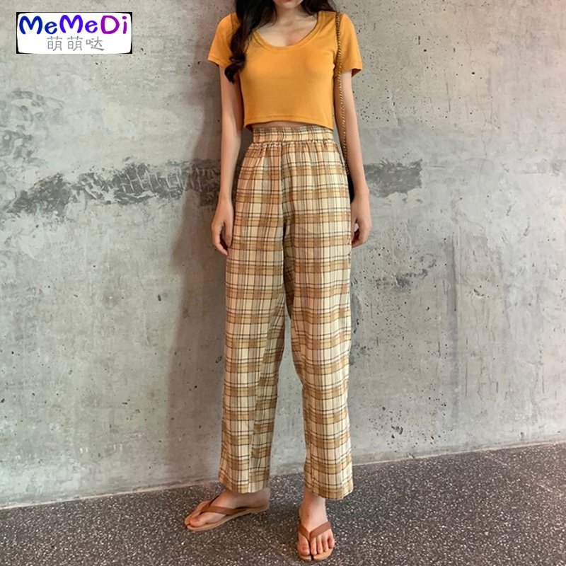 2020春季新款韩版百搭高腰直筒长裤显瘦复古九分裤格子休闲裤女潮