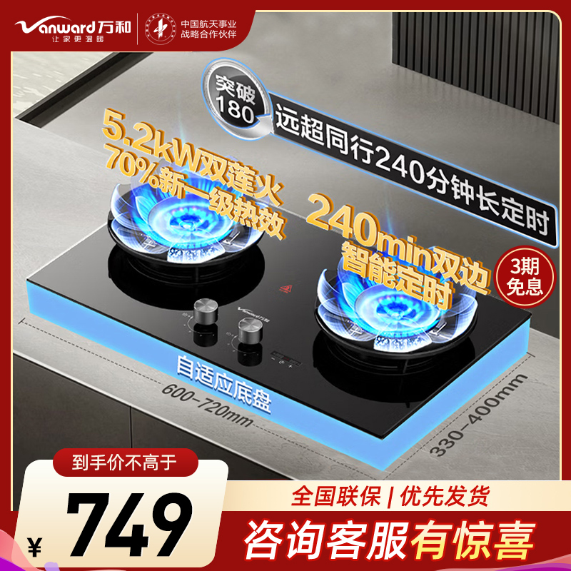万和[蓝莲花B9DS]5.2kW液化气猛火70%热效率双边定时嵌入式家用煤气双炉具双灶台灶具燃气灶全新一代猛火灶液化气高清大图