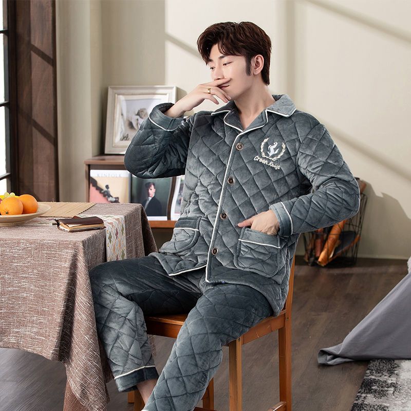 男士睡衣冬季加厚加绒保暖三层夹棉服秋冬款珊瑚绒棉袄家居服莎丞sha