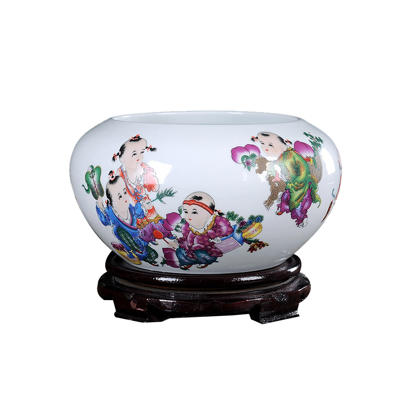 风源陶瓷小鱼缸乌龟盆碗莲水培缸笔洗养鱼盆景德镇装饰品 （ 童趣 中号）