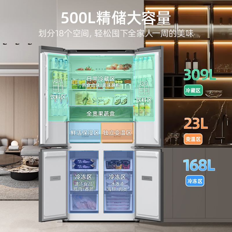 无忧嵌美菱500升超薄零嵌入式十字对开门冰箱 60cm薄1级大容量四开门电冰箱消费补贴自营升级BCD-500WP9CZX