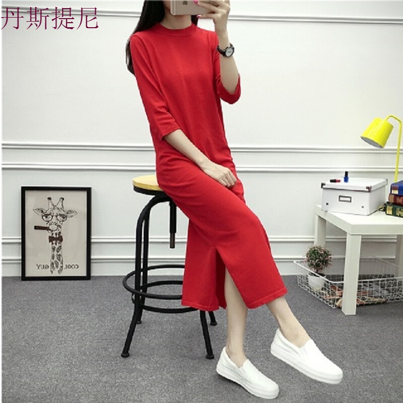 夏季宽松冰丝针织打底裙子夏女簿春秋大码长款过膝连衣裙