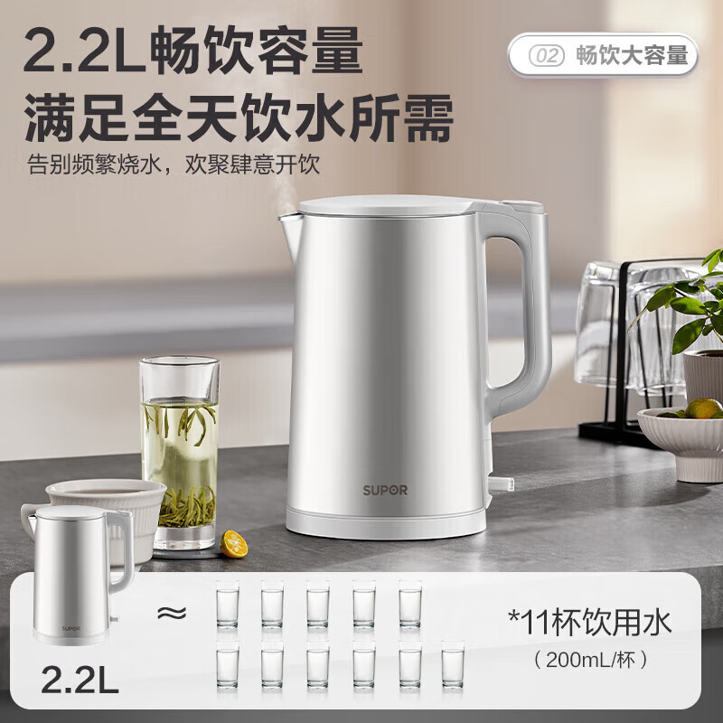 苏泊尔(SUPOR)2.2升大容量电热水壶烧水壶电水壶全钢无缝内胆316L不锈钢1800W大功率SW-22J01A高清大图