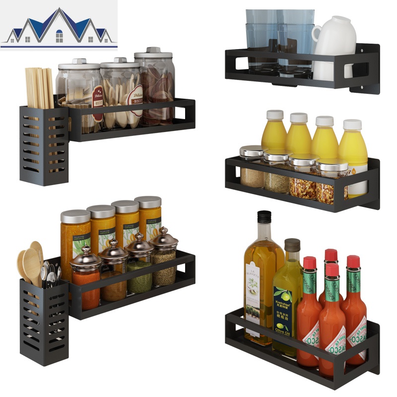 免打孔不锈钢厨房置物架挂壁式调味品黑色家居用品收纳架子调料架_3_235高清大图