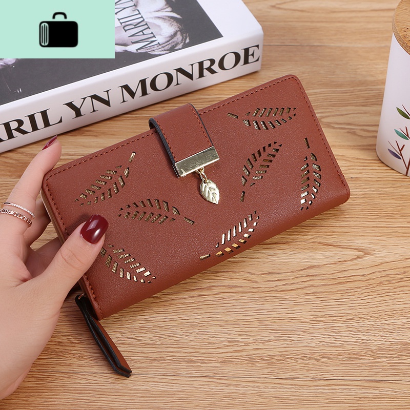 2020时尚新款女士长款二折镂空叶子钱包学生钱夹手拿包手机包卡包NEW LAKE 棕啡