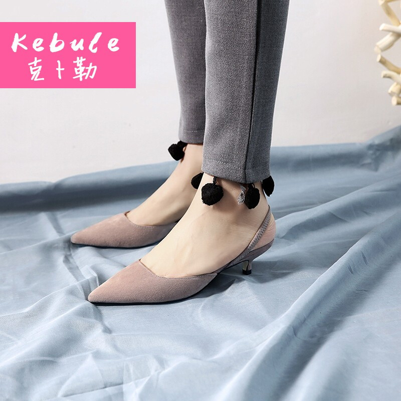 张天爱同款包头凉鞋女反绒羊皮细跟尖头中空单