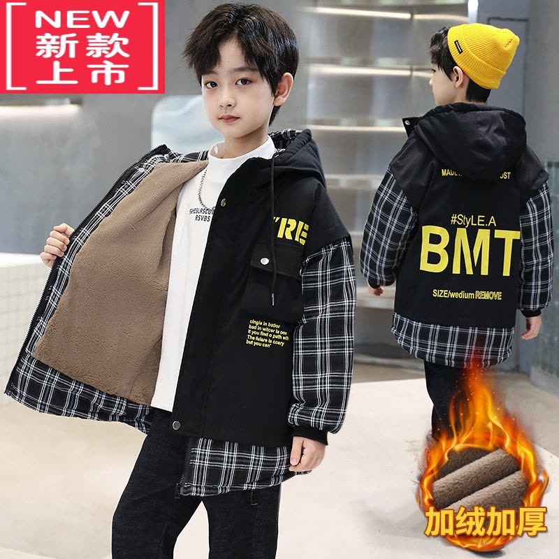 可莉允男童棉服冬季加绒保暖外套新品儿童冬装中长款帅气加厚派克服棉衣图片