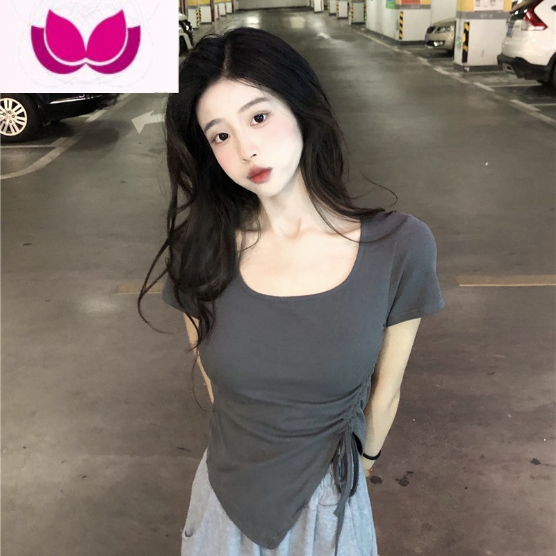 七斓时尚辣妹短款T恤女夏季2023新款修身抽绳不规则设计感短袖上衣潮