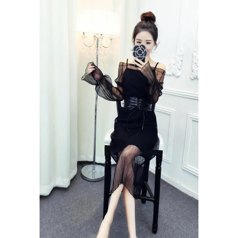 性感夜店女装气质透视长袖网纱修身连衣裙+带显瘦长裙潮粉色均码