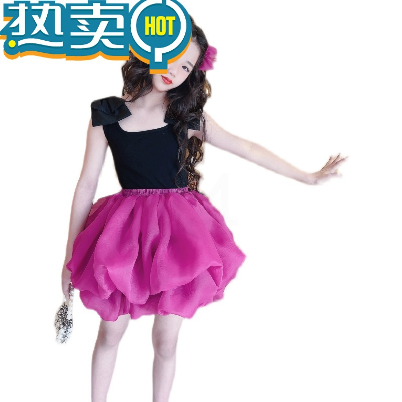 绿彩虹光女童套装裙夏季2023新款韩版洋气童装女孩蝴蝶结弹力背心蓬蓬短裙