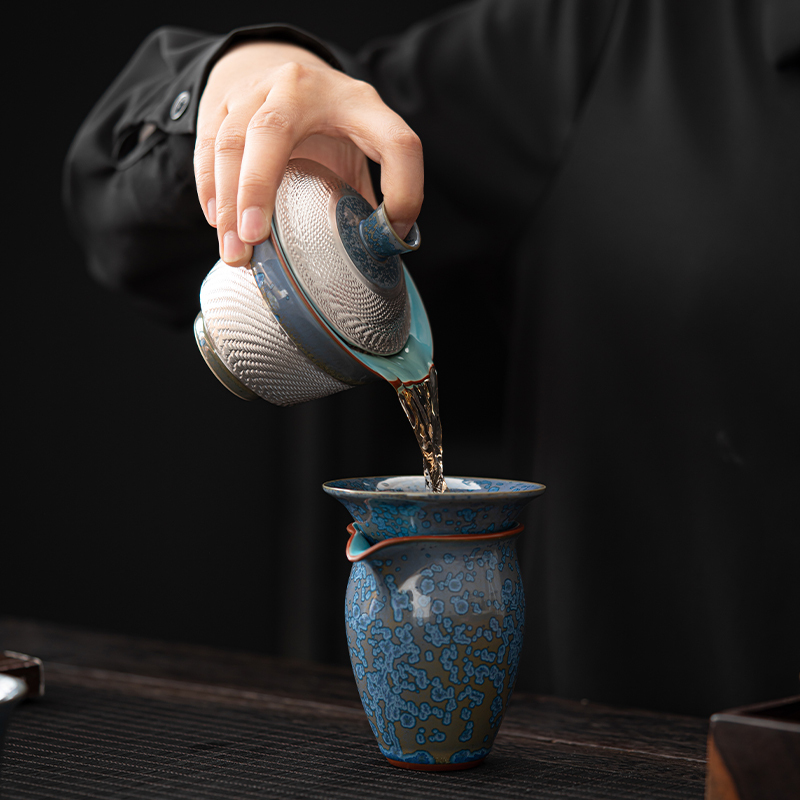 苏氏陶瓷(SUSHI CERAMICS)国礼蓝黛鎏银三才盖碗大套组功夫茶具非遗大师郑文强作品