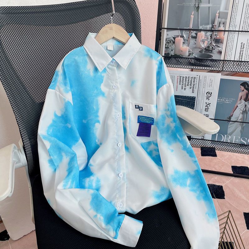 秋壳扎染衬衫女2022新款复古港风长袖宽松学生休闲上衣ins潮