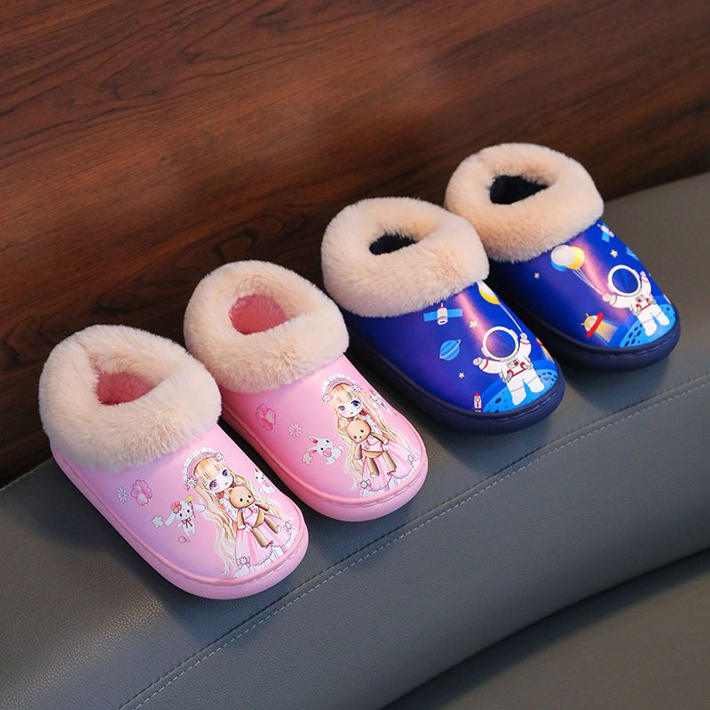 加厚儿童拖鞋超萌PU皮面防水可爱公主防滑男女卡通亲子鞋高清大图