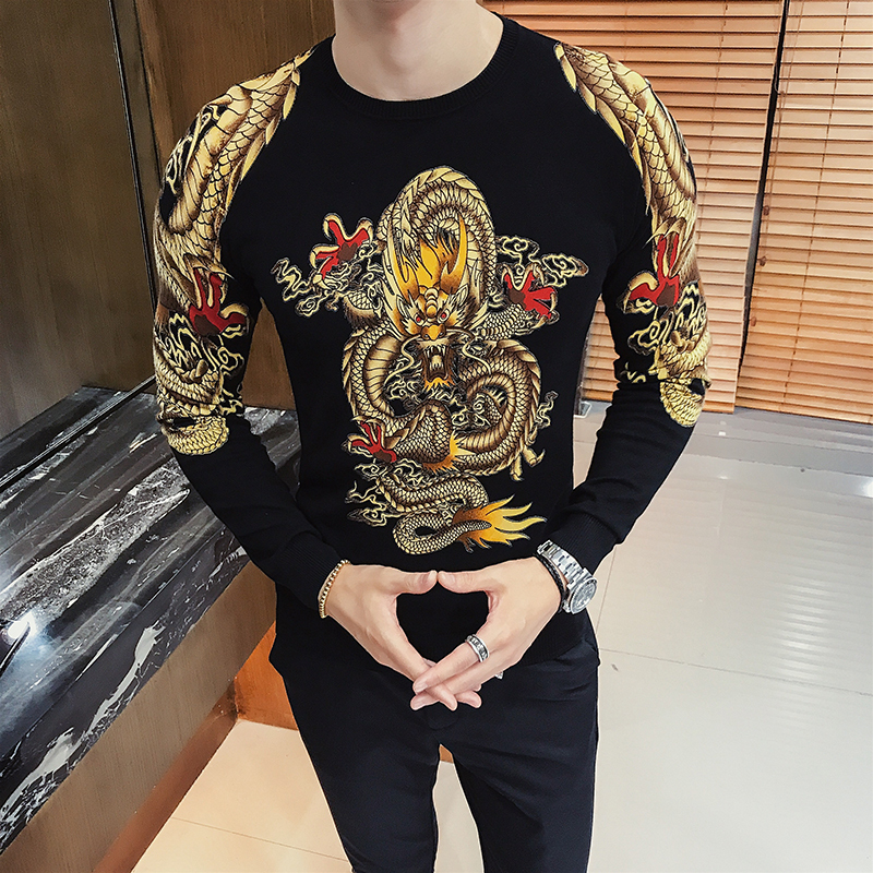 青年潮流修身花毛衣型师个性帅气针织衫男青年韩版圆领毛衣秋冬