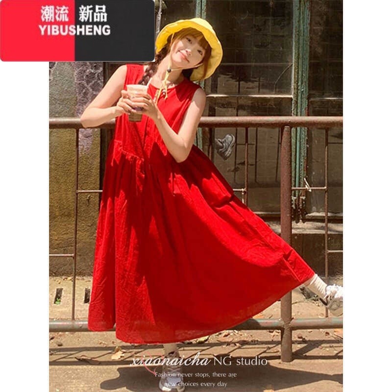 YIBUSHENG法式复古红色无袖系带背心连衣裙女季新款小个子收腰显瘦中长法高清大图
