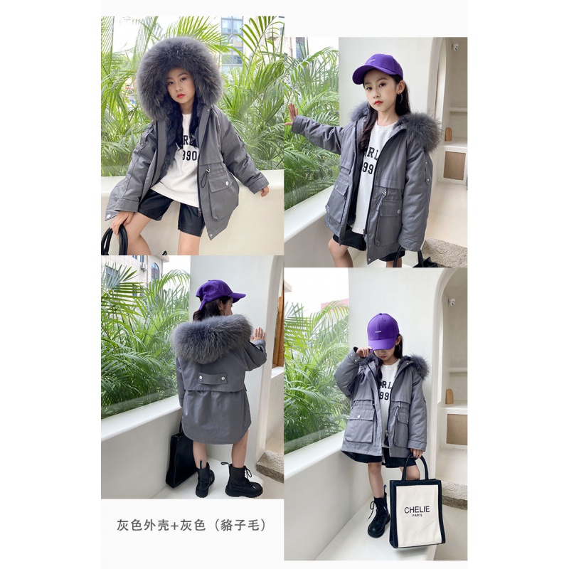 举翼王子男女中小儿童獭兔皮毛一体内胆派克服毛毛皮草外套中长款宝宝_14 140 灰色外壳+灰色