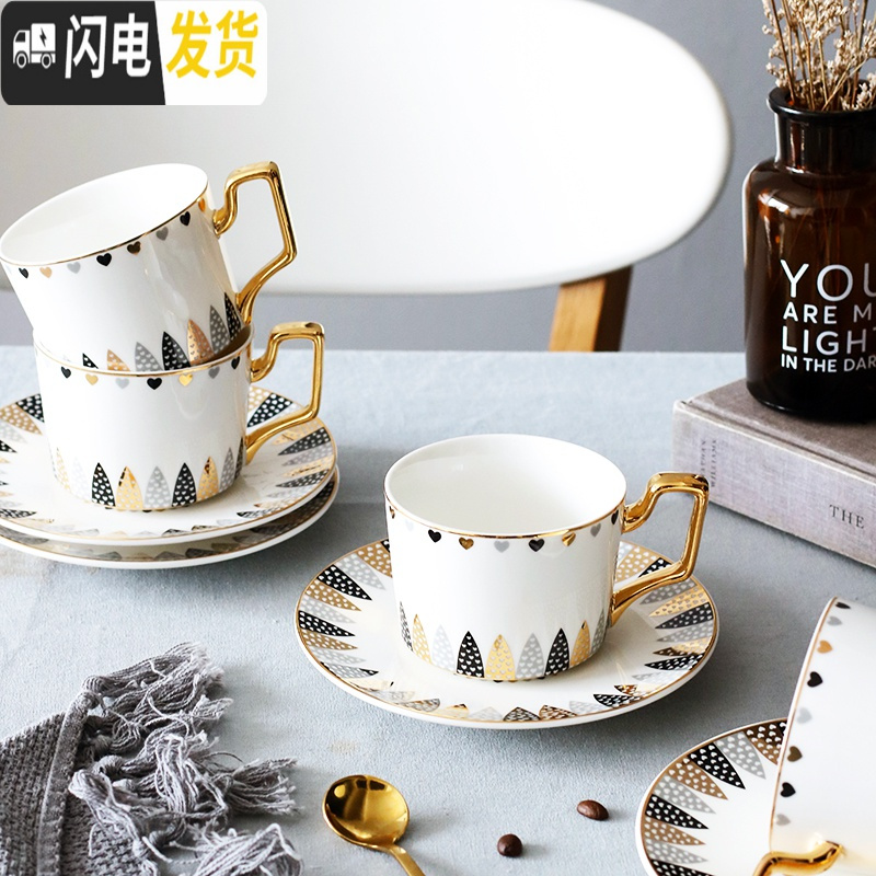 三维工匠ins英式花茶下午茶陶瓷茶具套装创意家用欧式整套咖啡具咖啡杯碟 黑灰色4杯4勺1壶1盘礼盒装 10件