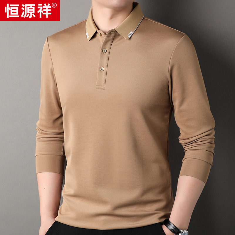 恒源祥5A抗菌长袖t恤男春秋季商务休闲简约男装打底衫翻领polo衫 浅卡其 L/170