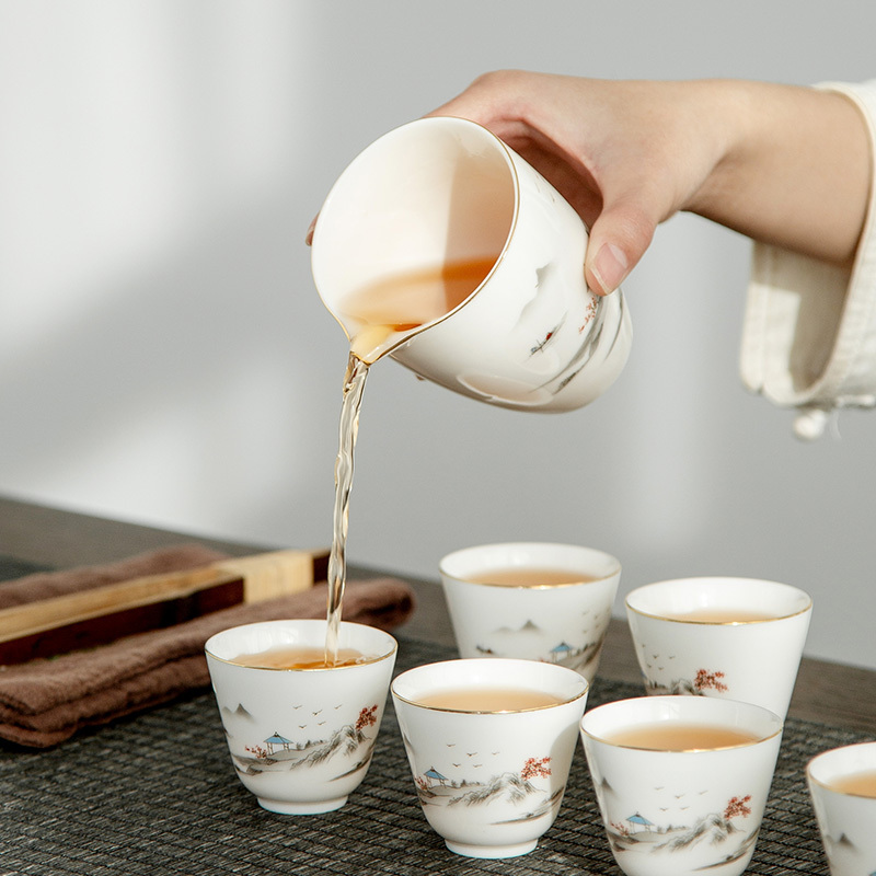金镶玉 功夫茶具套装 中国白·羊脂玉瓷家用陶瓷山水白瓷三才盖碗公道杯茶杯送礼礼盒装 山水白瓷描金茶具