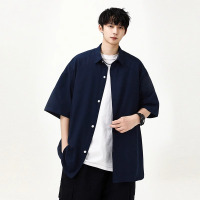 啄木鸟冰丝短袖衬衫男2025新款夏季宽松半袖黑色休闲外穿衬衣服K