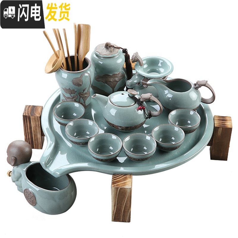 三维工匠简约网红抖音茶具汝窑哥窑茶盘拖盘套装整套冰裂陶瓷功夫紫砂茶壶 哥窑茶盘+盖碗套组高清大图