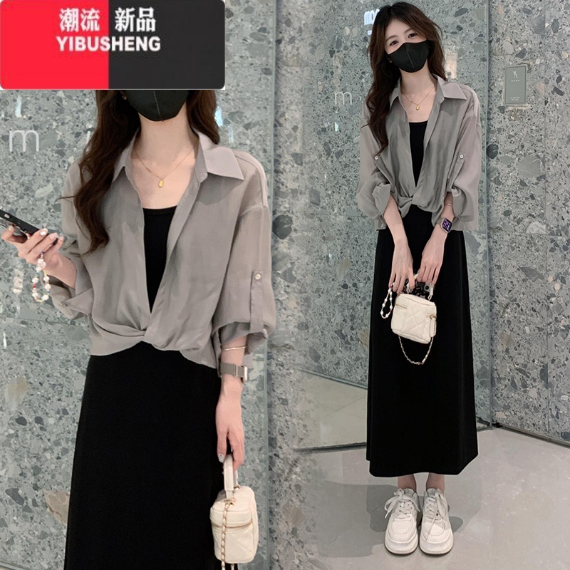 YIBUSHENG时尚连衣裙套装女2024季新款洋气显瘦防晒衬衫搭配吊带裙两件时 S80-100斤 灰色套装