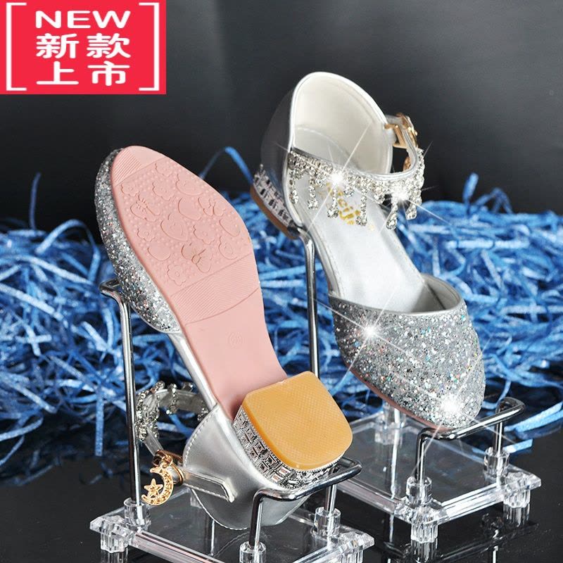 可莉允公主鞋银色儿童高跟鞋女演出走秀主持皮鞋女童软底女孩水晶鞋礼服运动休闲鞋图片